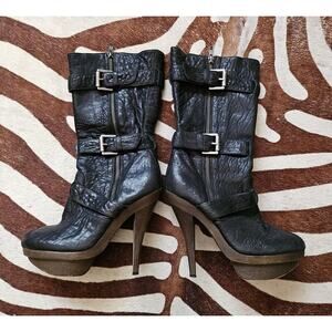 Elizabeth and James Black Leather Mid Calf Stiletto Round Toe Boots 7.5